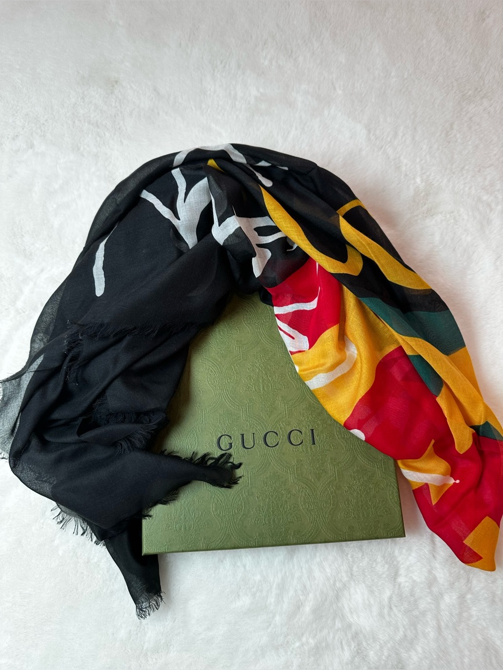 Gucci Black Scarf with Red, Yellow & Green Accent Print